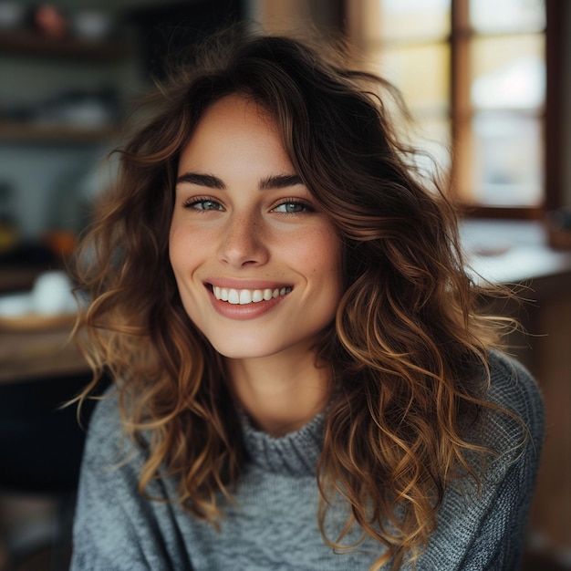 Mujer con cabello largo sonriendo a la cámara