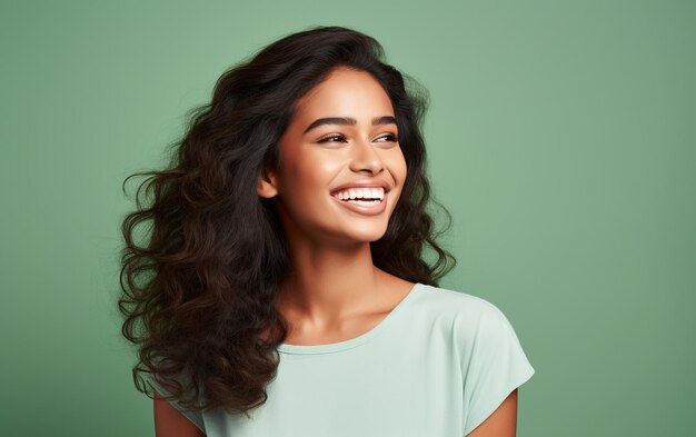 una mujer con el cabello largo sonriendo con un fondo verde