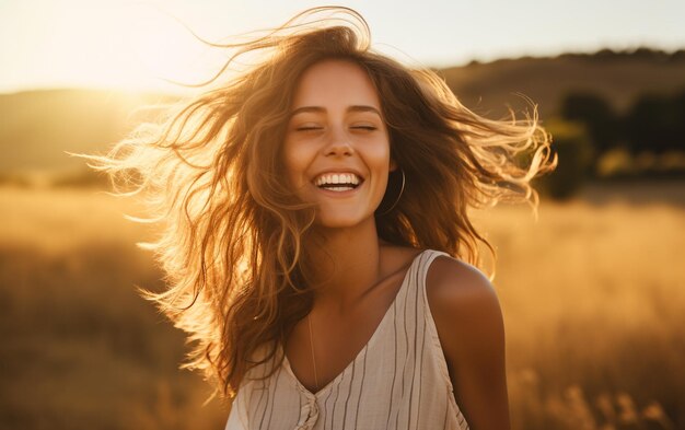 Foto una mujer con el cabello largo y una sonrisa en la cara