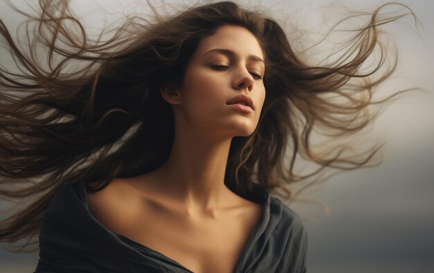 una mujer con el cabello largo soplando en el viento