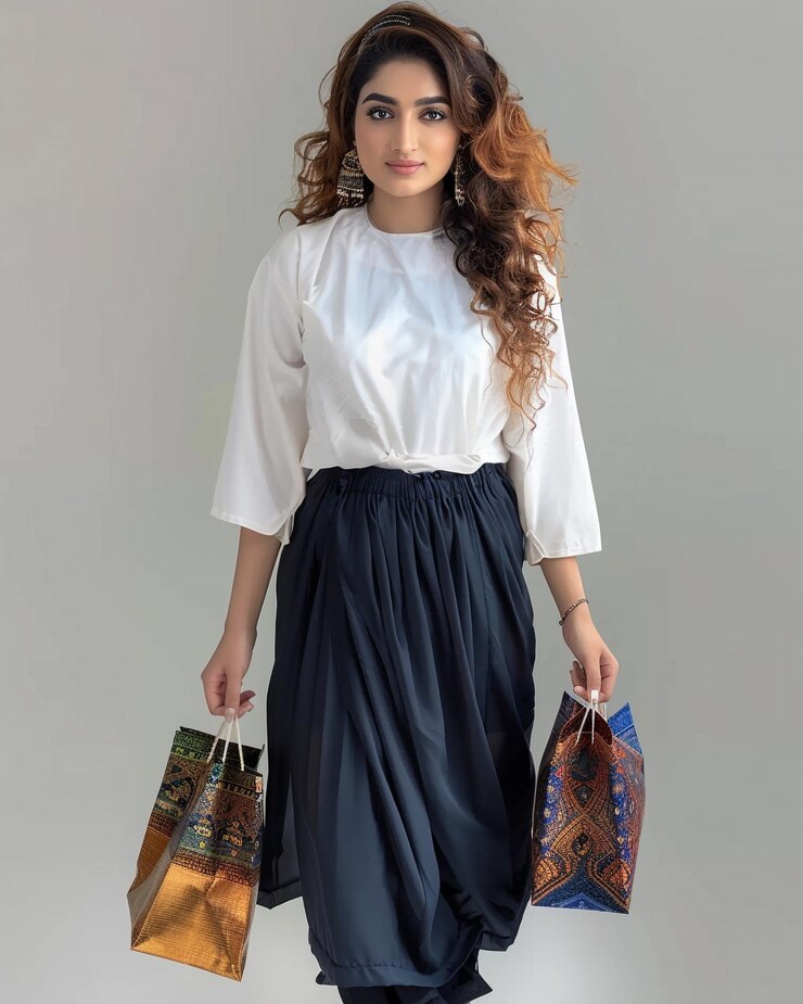 Una mujer con el cabello largo sosteniendo bolsas en sus manos