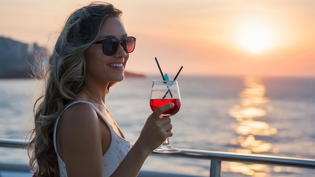 Mujer con cabello largo sosteniendo una copa de vino con cócteles pasando vacaciones