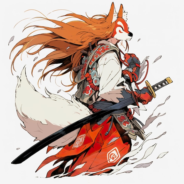 Una mujer con cabello largo sosteniendo una espada Imagen generativa de IA Inmortal zorro rojo ninja