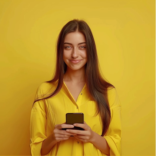 una mujer con cabello largo sostiene un teléfono con un fondo amarillo