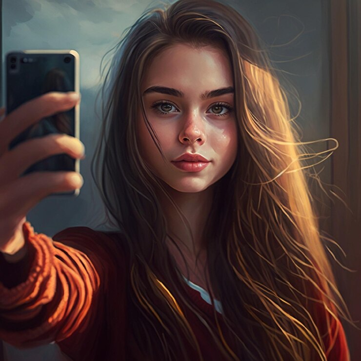 Una mujer con cabello largo sostiene un teléfono y se toma una foto.