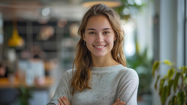 Una mujer con el cabello largo y un suéter sonriendo a la cámara con los brazos cruzados y sus manos