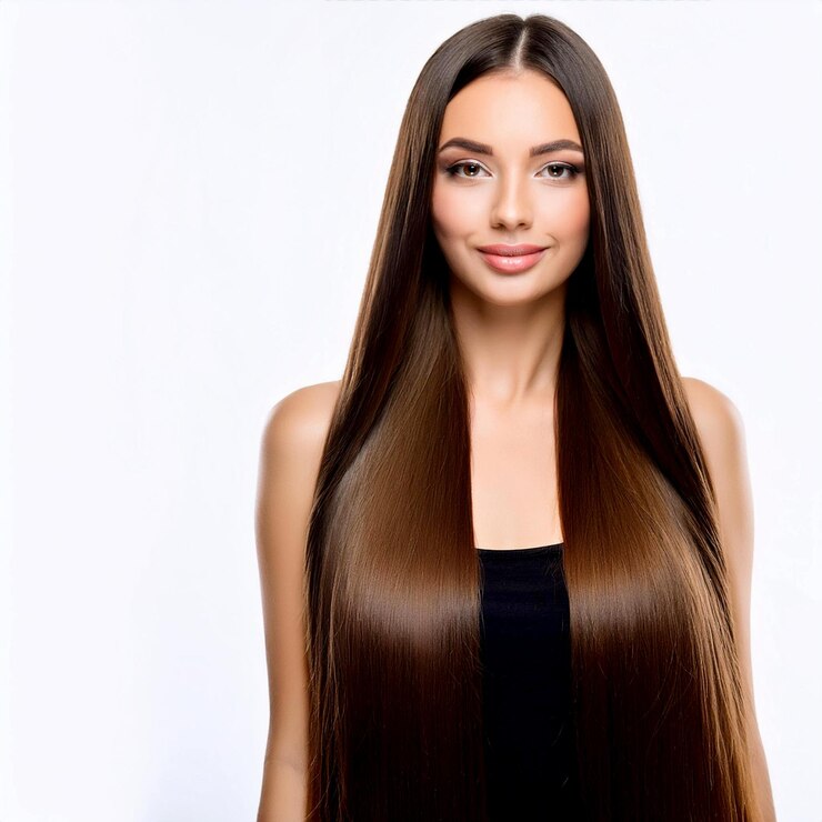 una mujer con cabello largo y una tapa negra con un cabello largo que dice cabello