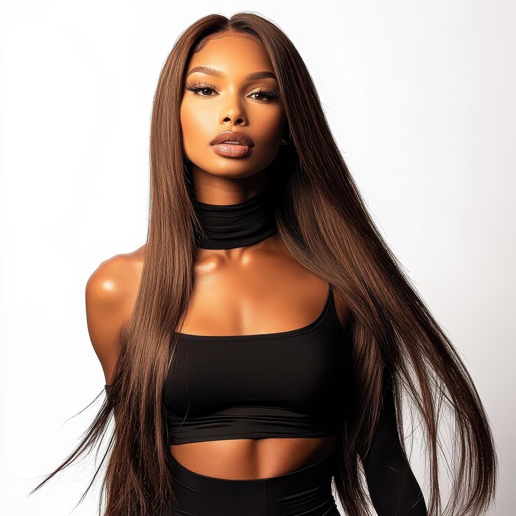 una mujer con cabello largo y una tapa negra con una tapa negra que dice que está posando