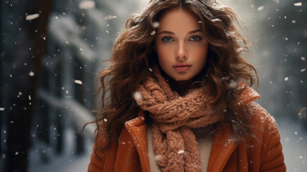 una mujer con el cabello largo usando una bufanda en la nieve