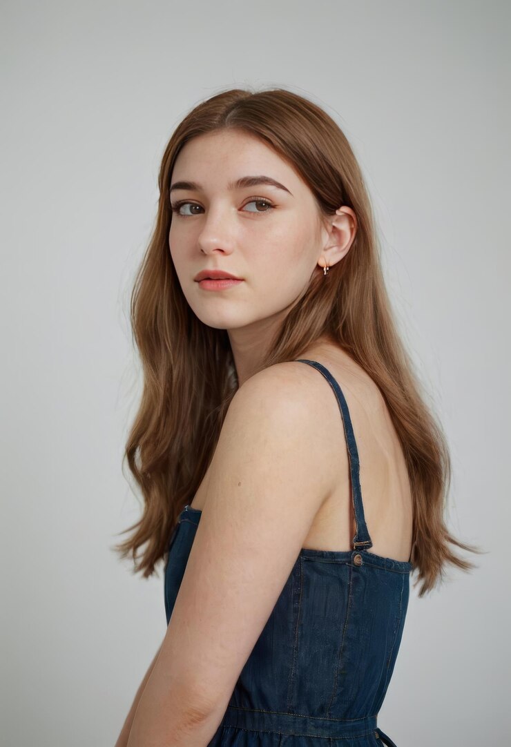 una mujer de cabello largo con un vestido azul