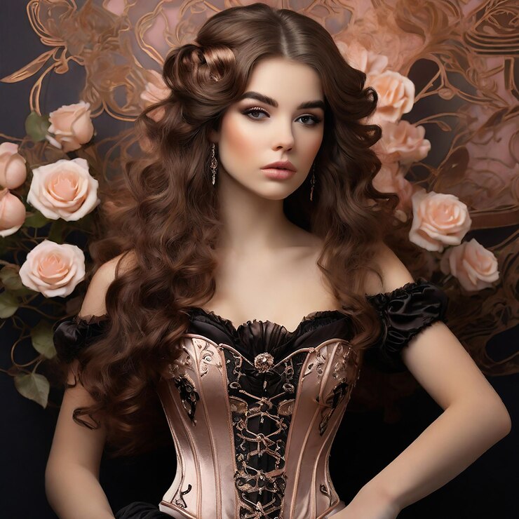 una mujer con cabello largo y un vestido negro con rosas rosas en el lado