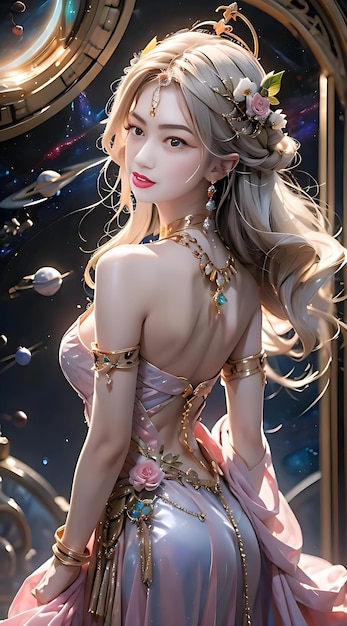 una mujer con cabello largo y un vestido rosa con una flor en la espalda