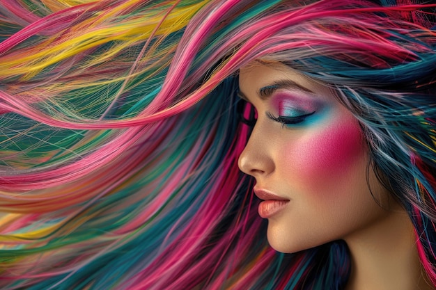 Una mujer con cabello magnífico y maquillaje colorido.