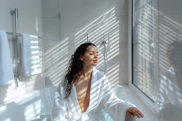 Mujer con el cabello mojado en bata blanca en un baño moderno