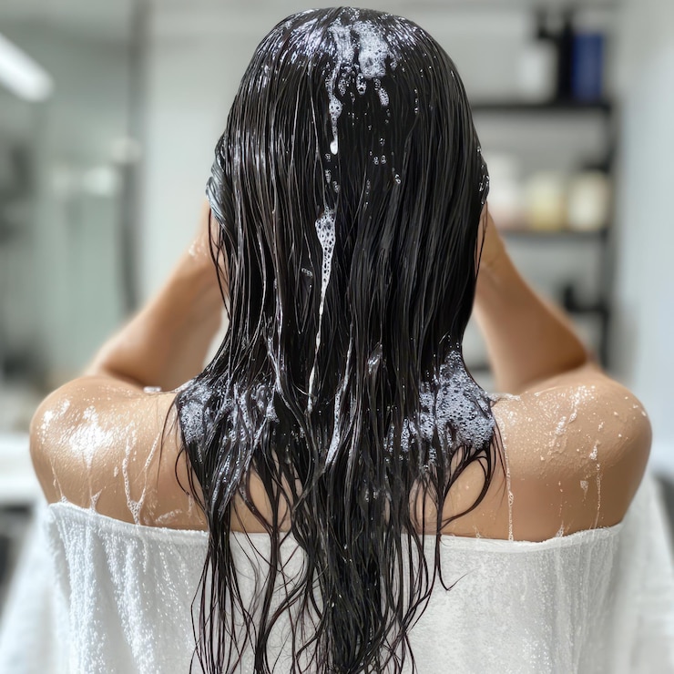 una mujer con el cabello mojado está cubriendo su cara con agua en la cabeza