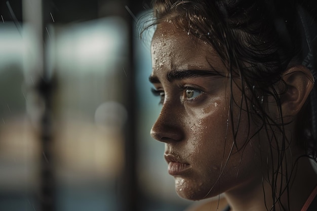 Una mujer con el cabello mojado de pie bajo la lluvia