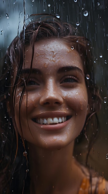 una mujer con el cabello mojado y una sonrisa que dice " sonrisa "