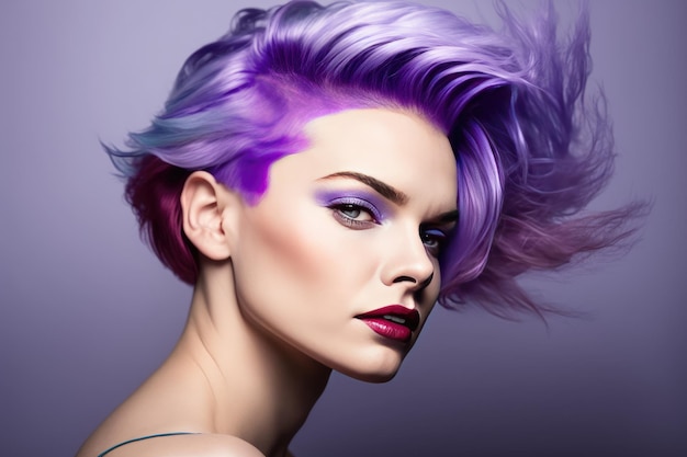 Una mujer con cabello morado y cabello morado.