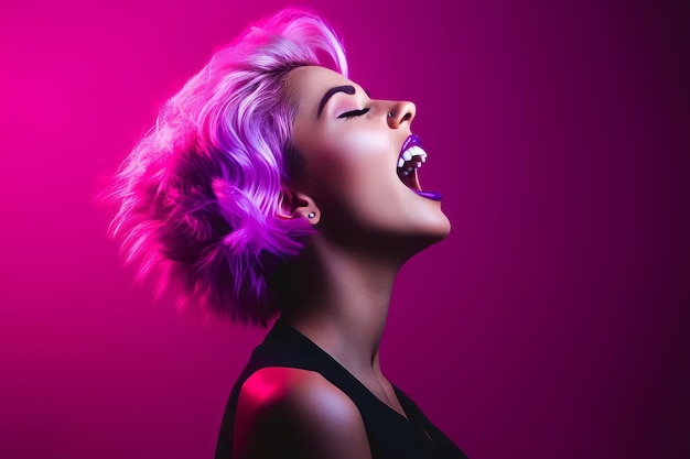 una mujer con cabello morado cantando frente a un fondo rosa