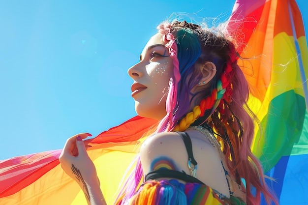 Foto mujer con cabello multicolor sosteniendo bandera del arco iris en el estandarte del desfile del orgullo