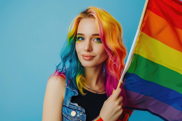 Mujer con cabello multicolor sosteniendo bandera del arco iris en el estandarte del desfile del orgullo