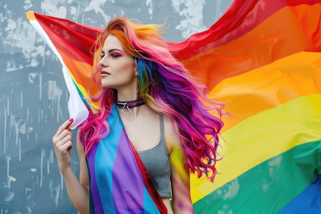 Mujer con cabello multicolor sosteniendo bandera del arco iris en el estandarte del desfile del orgullo