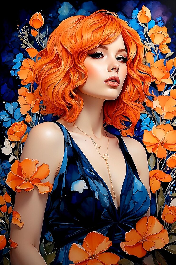 una mujer con cabello naranja y un collar está de pie frente a un papel tapiz floral azul y naranja