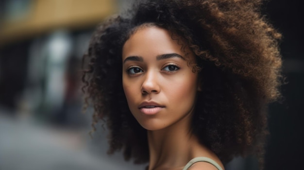 Una mujer con cabello natural se para en la calle.