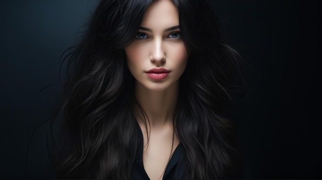 Mujer con cabello negro largo y camisa negra está posando para la foto IA generativa