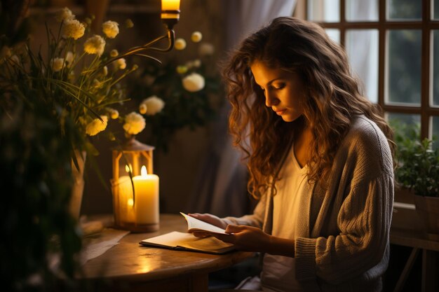 Foto mujer con cabello ondulado se sienta a la luz de la vela lee afirmaciones del cuaderno cálida noche acogedora medi