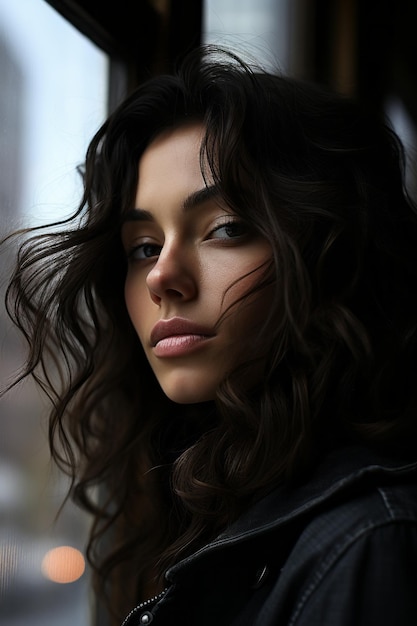 una mujer con cabello oscuro mirando por la ventana