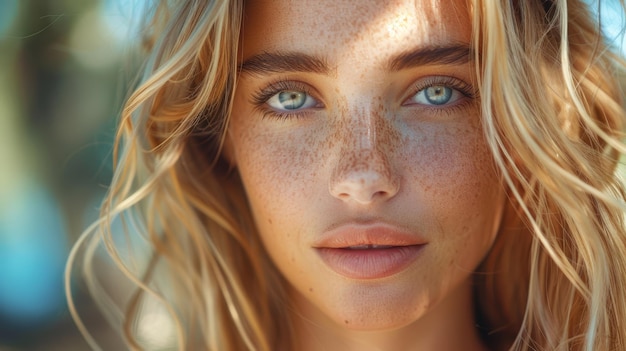 Mujer con cabello peciloso y ojos azules IA generativa