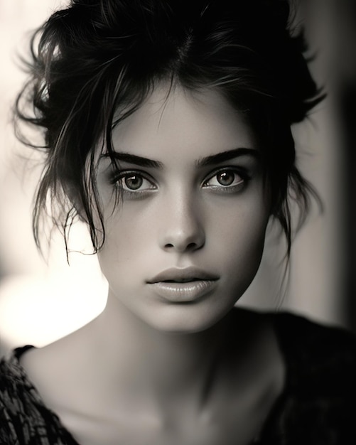 una mujer con el cabello pecoso y una foto en blanco y negro de un modelo.