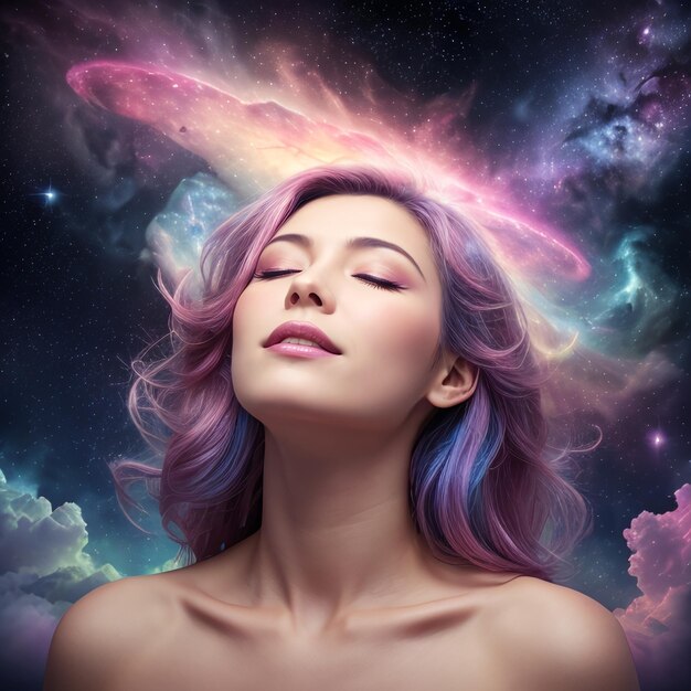 Foto una mujer con cabello púrpura y un cabello rosa y azul está mirando hacia el cielo