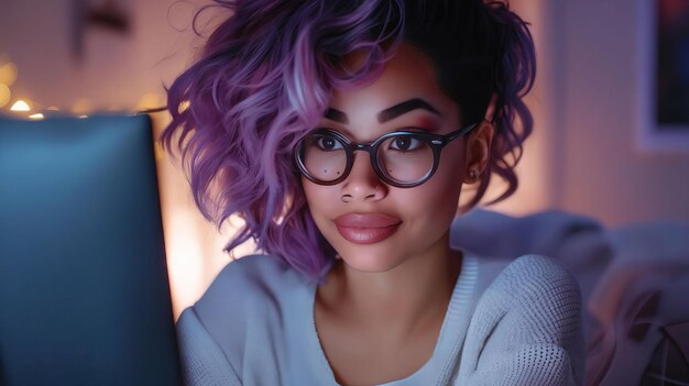 Una mujer con cabello púrpura y gafas mirando su computadora