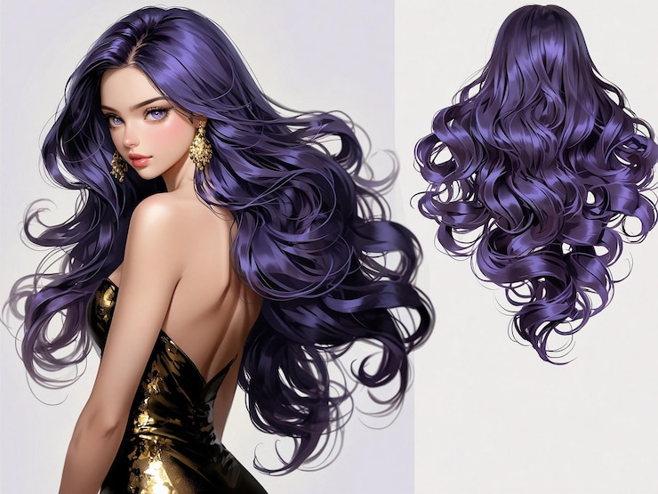 una mujer con el cabello púrpura de moda y un collar de oro