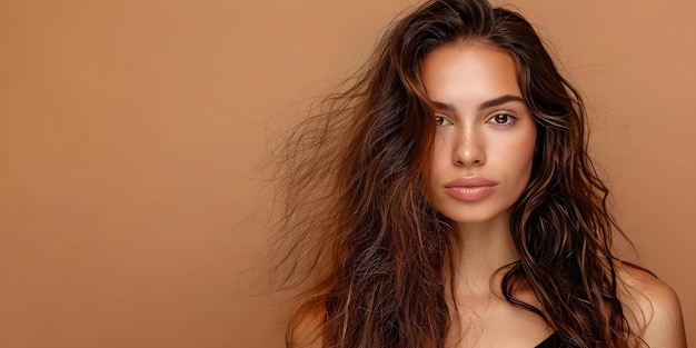 Foto mujer con cabello rizado antes y después del tratamiento de queratina en telón de fondo marrón concepto tratamiento de queratina cabello rizado antes y después del fondo marrón mujer