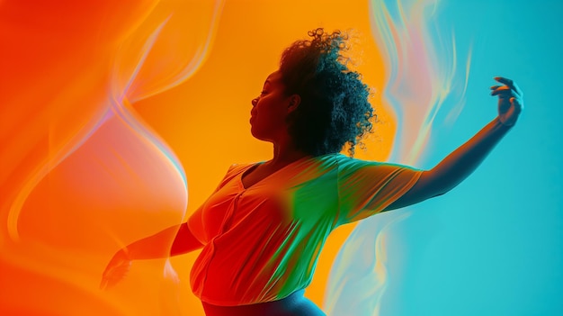 Foto una mujer con cabello rizado está bailando frente a un fondo colorido