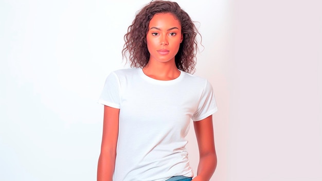 Foto mujer de cabello rizado de belleza usando la fotografía de la revista tshirt mockup