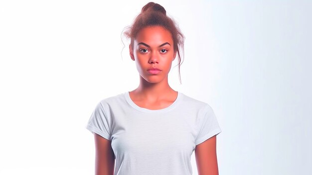 Foto mujer de cabello rizado de belleza usando la fotografía de la revista tshirt mockup