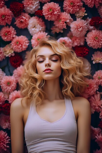 Mujer con cabello rizado blanco largo de pie frente a un fondo de flores