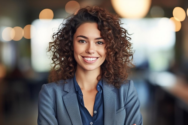 una mujer con el cabello rizado y una camisa azul está sonriendo.