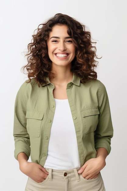 una mujer con cabello rizado y una camisa blanca está posando para una foto