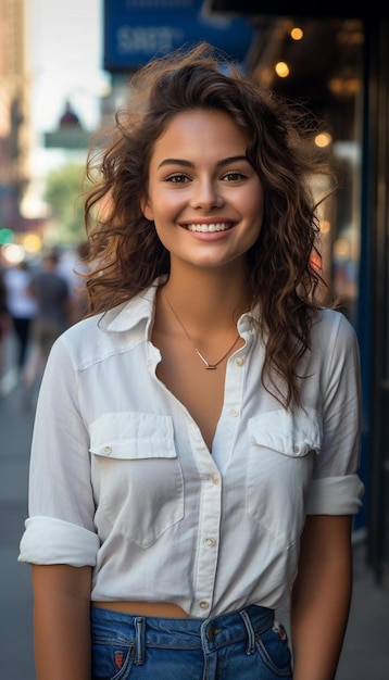 una mujer con cabello rizado y camisa blanca sonríe para una foto.