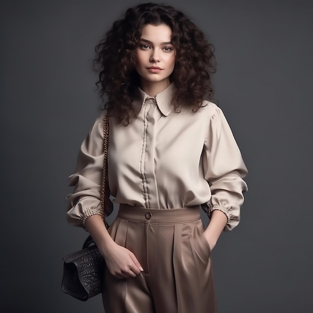 Una mujer con cabello rizado y una camisa color canela.