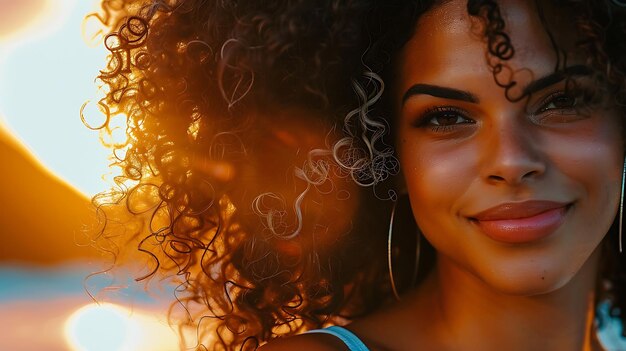 una mujer con cabello rizado y una camiseta azul está sonriendo