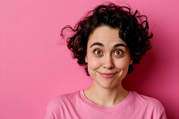 Foto una mujer con el cabello rizado y una camiseta rosa