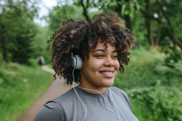 Una mujer con el cabello rizado está sonriendo mientras usa auriculares