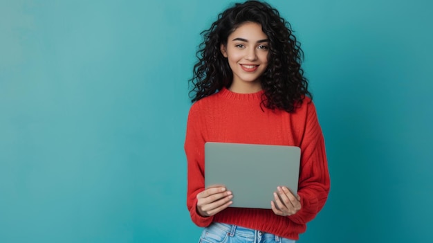 mujer con cabello rizado está sonriendo y sosteniendo una computadora portátil con un suéter rojo contra un fondo azul azul azul