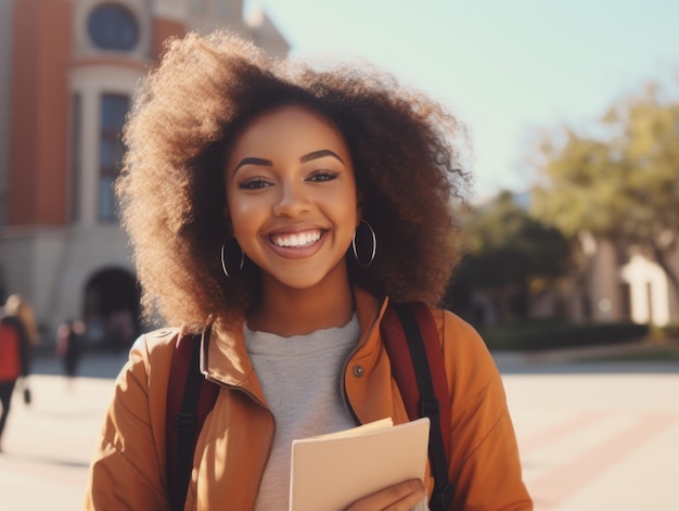 La mujer con el cabello rizado está sonriendo y sosteniendo un libro